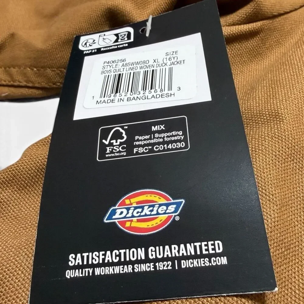 Dickies Quilted Lined Duck Canvas Woven Brown Shirt Jacket Boys size XL 16Y NWT